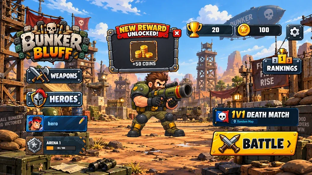 Bunker Bluff home screen with the Battle button and a new coin reward