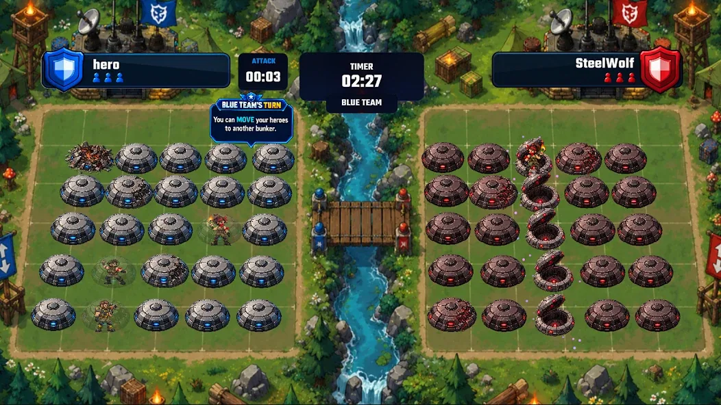 Forest battlefield mid-match with a strike landing on enemy bunkers