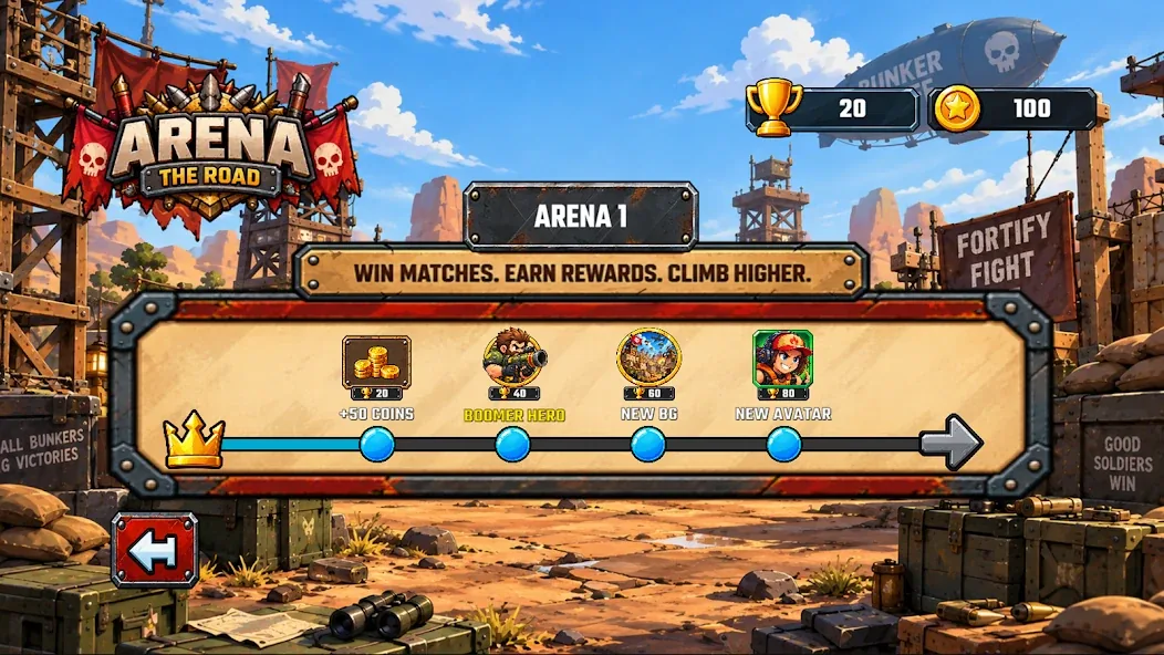 Arena progression with coin rewards, new heroes, backgrounds and avatars