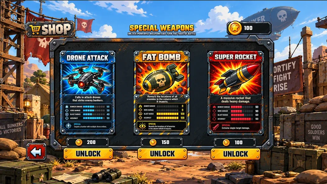 Shop with Drone Attack, Fat Bomb and Super Rocket special weapons