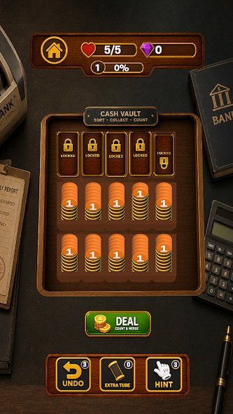 A fresh Coin Sort Vault level with Bronze coins ready to sort